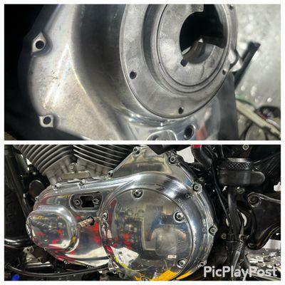 Before and after of the primary cover from a 2005 Harley Davidson Sportster