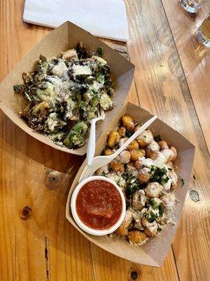 Brussel sprouts Cesar salad, Gnocchi Tots