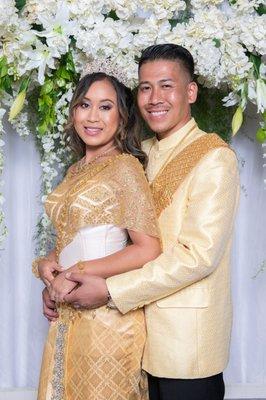 Bride & Groom in their Cambodian Bridal Outfit by Vannary Bridal for their Wedding Reception at Hak Heang Restaurant.