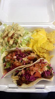 BBQ pork tacos with side salad and chips with queso!