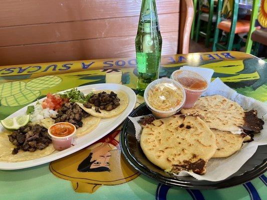 Carne Azada tacos and pupusa de loroco con queso