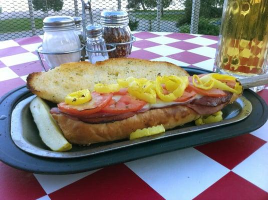 Yummy Garibaldi sandwich out on the patio.