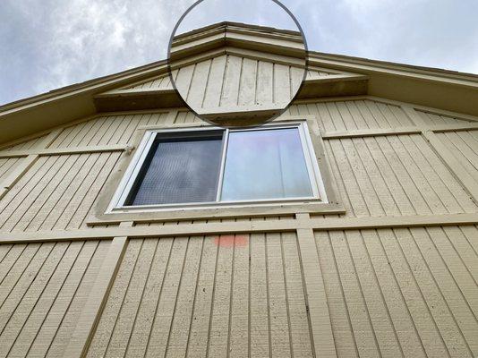 Painted but no caulking applied to seal cracks.  House air vent entirely painted.