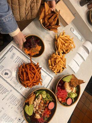 Chicken salt fries, Newport bowl and sweet potatoes. INSANE DELICIOUS!