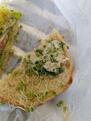 Amount of chicken salad on a chicken salad sandwich.