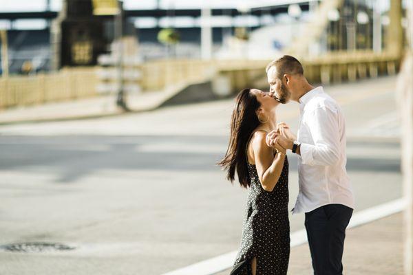 Engagement session after a surprise proposal in downtown Pittsburgh PA