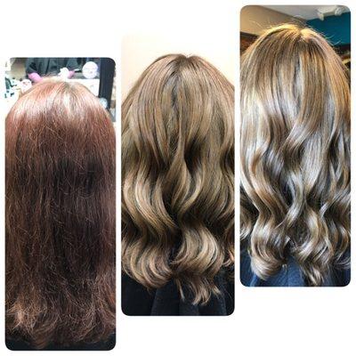 Hair by Vicky. From faded red to bronde (brown-blonde).