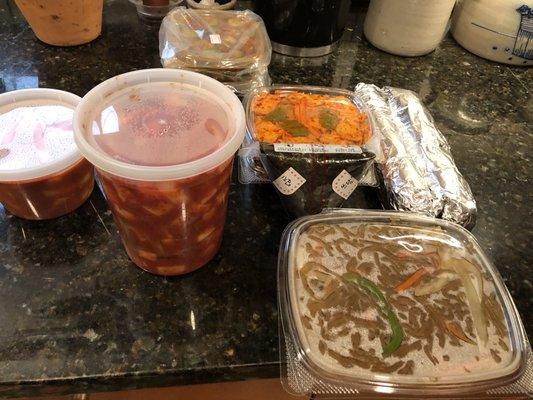 japChae glass noodles, pickled radishes, toekkbokki and spicy fish cakes, kim bop, pickled cucumbers and beef marinated in soy sauce!