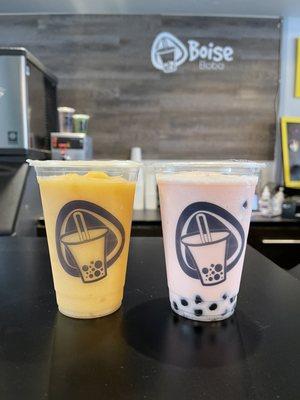 Blended POG and blended Valentine milk tea with boba