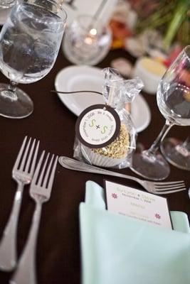 Placesettings, menus and favors, all laid out perfectly