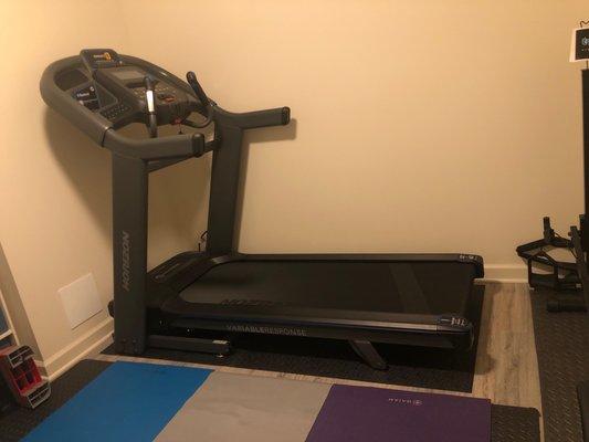 Set up of the treadmill in my workout room complete with protective mat.