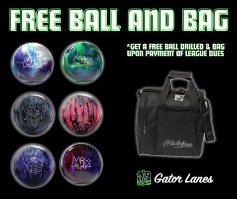 Score big with our Free Ball & Bag League!  Starts March 22nd -$20 per person, per week, 20 weeks (Get a ball drilled + a new bag!)