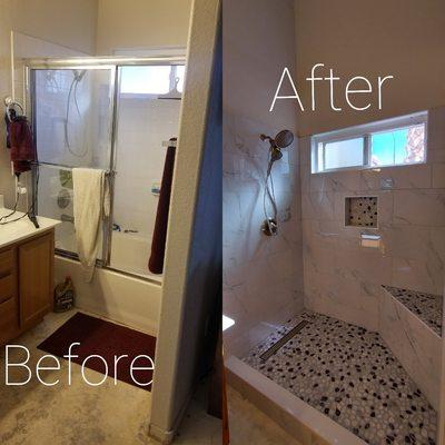 Making your standard oversized hard to get into tub go away with a beautiful and fairly priced shower conversion!