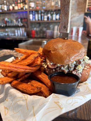 The blue burger and sweet potato fries