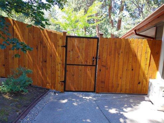 Welded and painted gate, and installed 4x4'' posts through existing concrete, Installed stained fence boards!