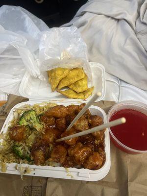 Crab rangoons, orange chicken & fried rice