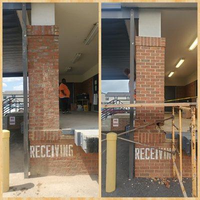 Repaired brick column by receiving dock at South GA Regional Library in Valdosta, GA