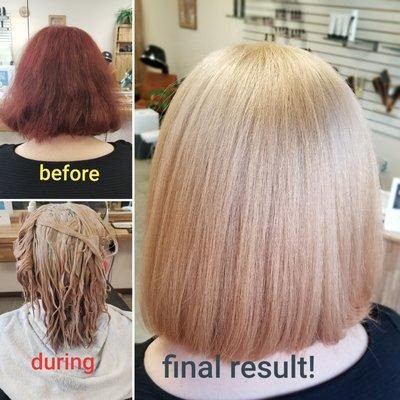 Color correction from dark red, store bought, home  color to a magnificent soft blonde!