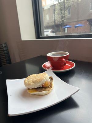 Tiny Moroccan biscuit sandwich with gyro/lamb. Mexican coffee is very good.