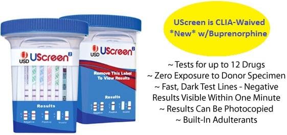 Clia Waived Uscreen Cup 12 panel with buprenorphine available at Rapid Exams Inc.