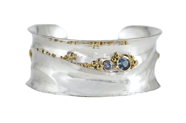 Wave Cuff with 18K Gold Granules and Montana Blue Sapphires : Handcrafted Fine Jewelry