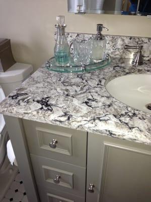 Painted Grey Vanity with a Quartz Counter