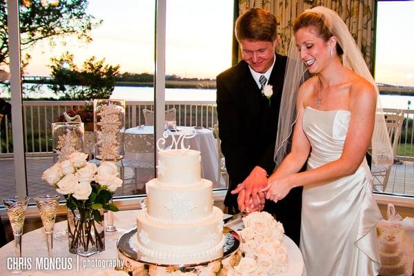 Beautiful wedding in the Pioneer Room of the D. Abbott Turner Lodge overlooking the historic Frederica River.