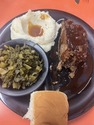 Meatloaf, collard greens and mashed potatoes