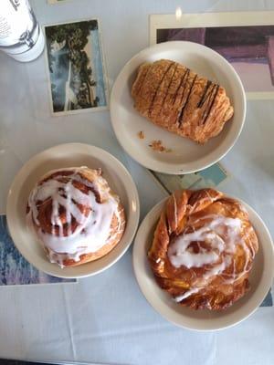 Chocolate croissant. Cinnamon roll. Apple cinnamon danish.