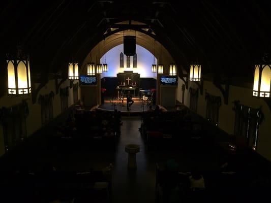 Sunday morning worship gathering. Balcony view.