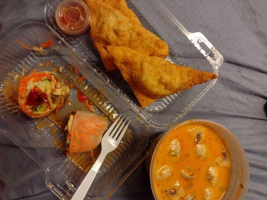 Crab rangoon, pork spring roll, and tofu tom kha.