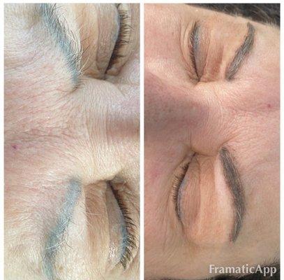 Brow lamination to make her brows fuller with a tint to cover up any harsh lines from her tattoo brow lines and give a more natural look.