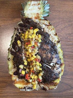 Stuffed Pineapple with Pineapple Rice & Jerk Chicken