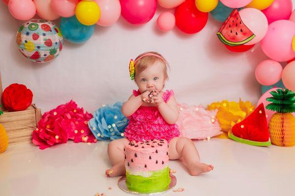 Cake smash 1st birthday girl fruit theme