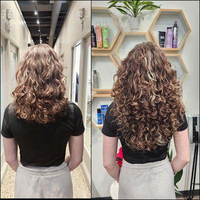 Curly Hair extension installation. combination of weft hair extensions and custom ktip hair extensions. Located Downtown Holland MI