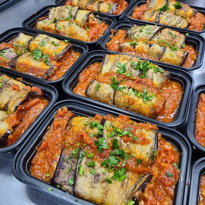 Eggplant rollatini cooked, packaged, and served at Inna's Kitchen