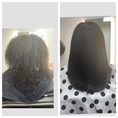 Curly blow dry straight, flat iron for silk and smoothness with a great haircut