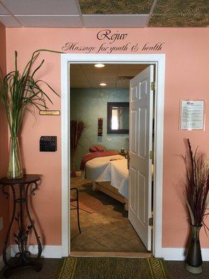 One of our relaxing massage rooms with a heated table.