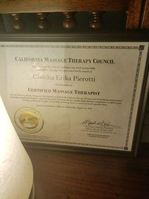 CACMT#33010
CA Certified massage therapist 
Graduate National Holistic
Institute, 2000. Group 2
Swoosh!!!!