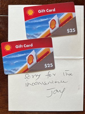 Salesman Jay sent gas cards because he meant to deliver the vehicle with a full tank of gas! Great, honest guy.