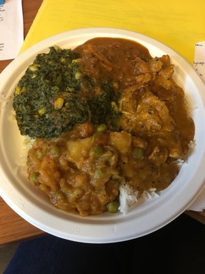 Chicken nihkari (I think), saag with corn, aloo mattar, and dal makhani. Yum!