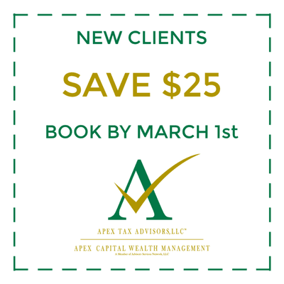 New clients save $25 on tax preparation by booking their tax appointment by March 1st.