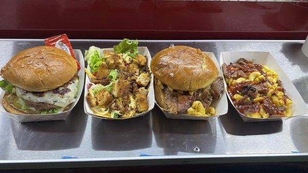 Bacon-onion jam burger, chicken salad, brisket sandwich, brisket macaroni n cheese