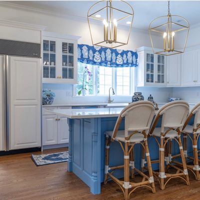 Sprayed kitchen cabinetry in Blue & White