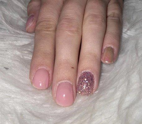 Pink with sparkle accent and holographic pinky