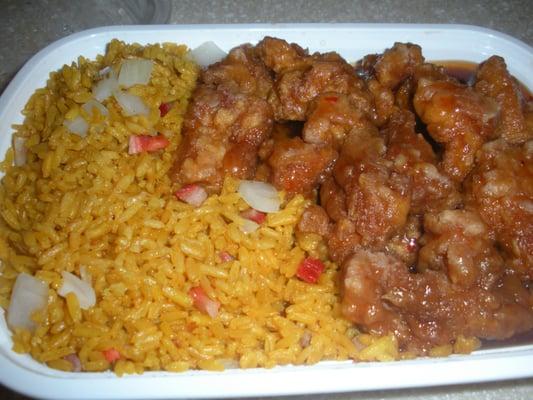 General Tso's chicken with pork fried rice.