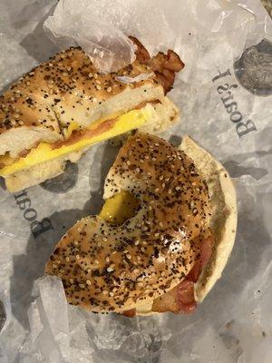 Bacon, egg, and cheese on an everything bagel