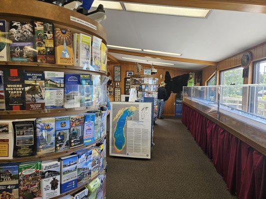 Interior with pamphlets and model of Mackinac bridge