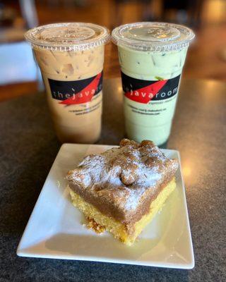 Nonfat iced caramel latte, iced matcha green tea latte, and coffee cake.