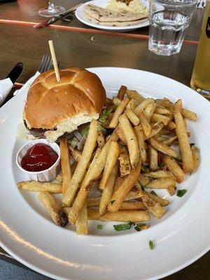 Impossible burger and fries. Bun is vegan friendly